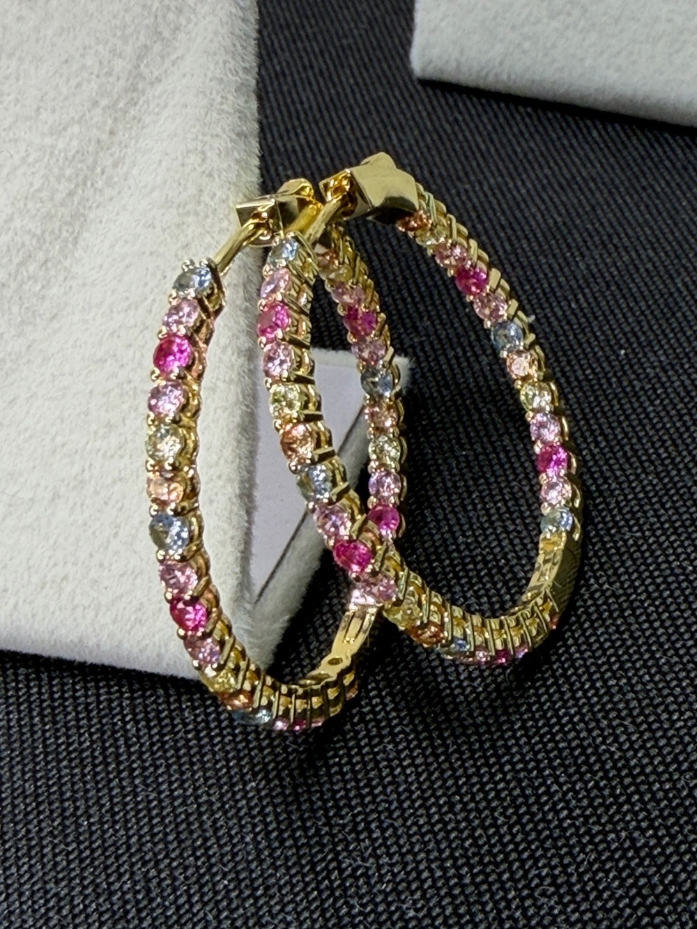 18k triple plated gold, multicolor crystal lockable hoops.